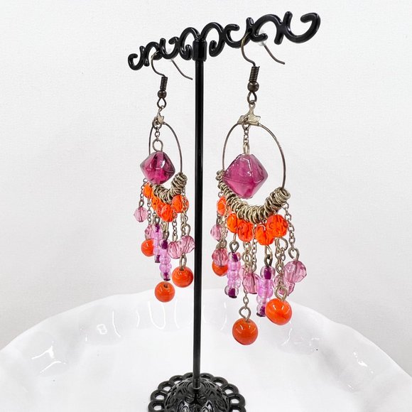 NWT - Charming Charlie - Purple & Orange Chandelier Antiqued Gold Tone Earrings - Picture 3 of 7
